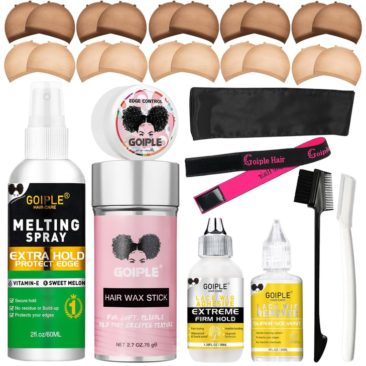 Wig Accessory Essentials Kit Lace Front Wig Glue & Remover, Wig Caps, Elastic Band, Hair Wax Stick, Edge Control, Edge Brush, Hair Shear Dermaplannin