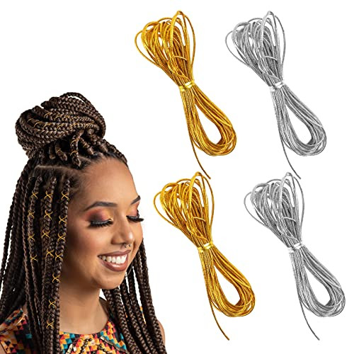4 Pieces 5M Hair Strings for Braids Hair Accessory String, Hair Wrap String Dreadlock Braiding Rope Silver Gold Braiding Hair Deco Styling Hair Braid