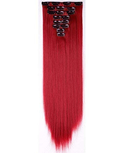 Benehair Clip in Hair Extensions 8PCS 23inch Long Straight Synthetic Hairpieces Dark Red Hair Extensions Double Weft Hairpieces for Women Full Head C