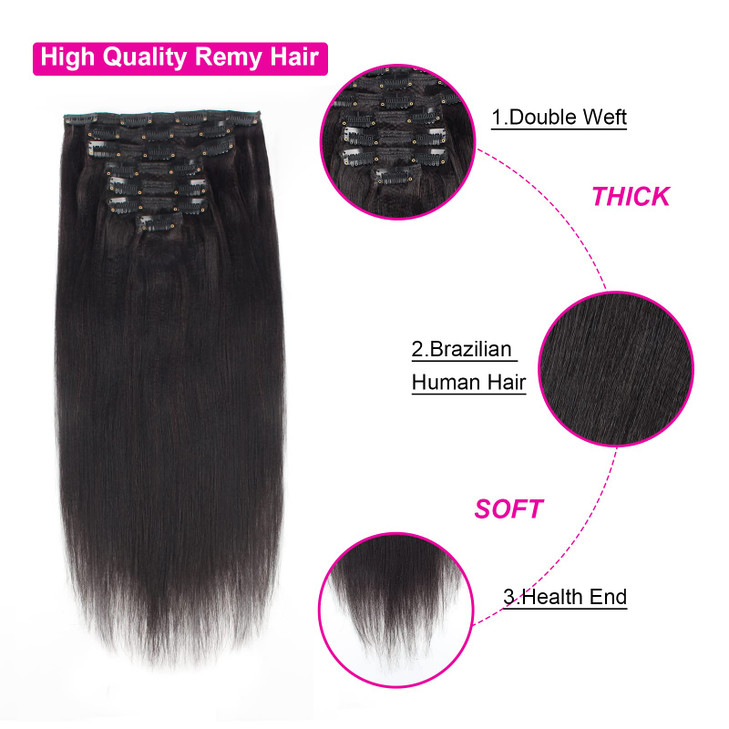 Lovrio Brazilian Virgin Yaki Straight Clip in Human Hair Extension Double Weft Straight Clip in Hair Extensions Human Hair for Women Thick20 Inch Nat