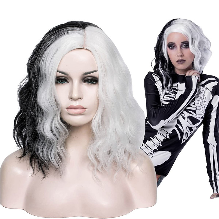 Aicos Short Black and White Costume Wig for Women Halloween Spooky Curly Wig Daily Dress Carnival Party Masquerade Anime Cosplay Wig +Wig Cap