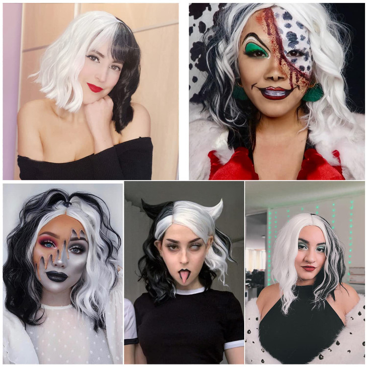Aicos Short Black and White Costume Wig for Women Halloween Spooky Curly Wig Daily Dress Carnival Party Masquerade Anime Cosplay Wig +Wig Cap