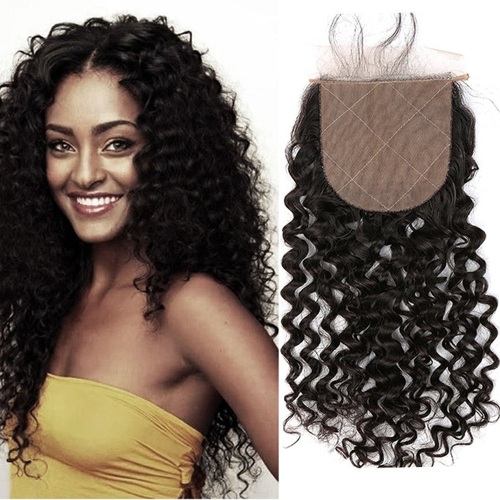 Sent Hair Silk Base Lace Closure with Baby Hair Free Part Deep Curly Wave Human Hair Closure Bleached Knots Natural Color 12 inch