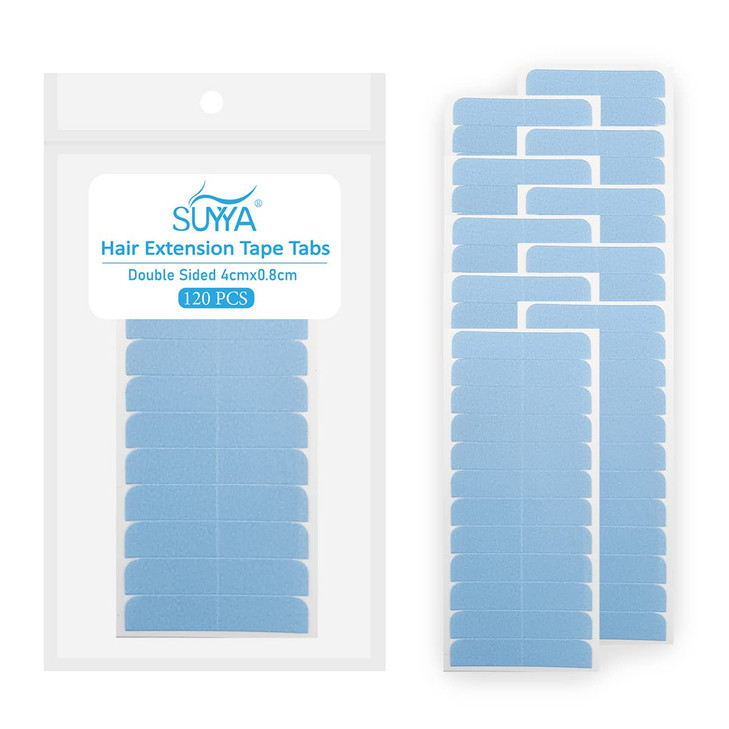 SUYYA 120 Pieces Hair Extension Tape Tabs Double Sided Extension Tapes for Replacement 4cm x0.8cm (Blue 120 Pieces)