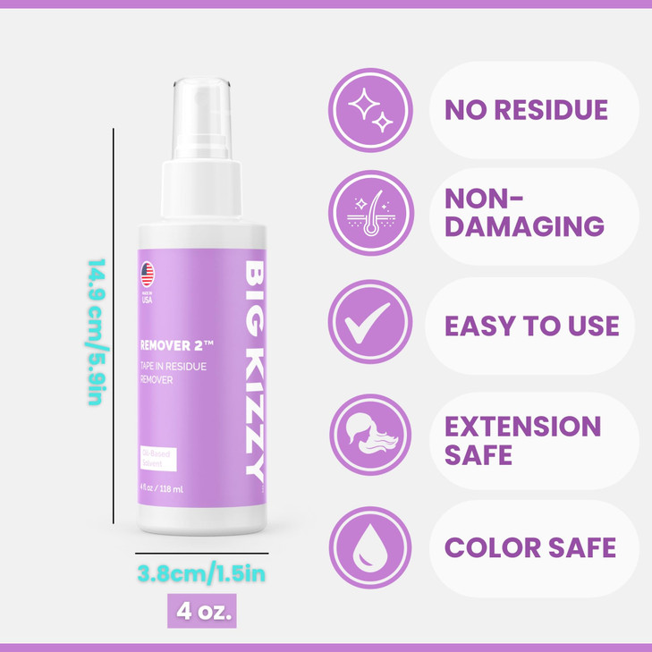 Big Kizzy Remover 2 (4oz) - Tape In Extension Remover for Residue - Quick + Non-damaging Human Hair Extension, Wig, & Hair System Adhesive Residue Re