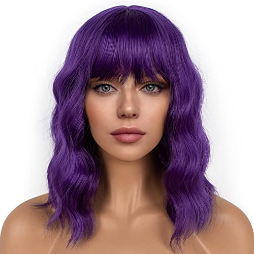 LANCAINI Dark Purple Short Bob Wigs with Bangs for Women Loose Wavy Wig Curly Wavy Shoulder Length Bob Synthetic Cosplay Wig for Girl Colorful Costum