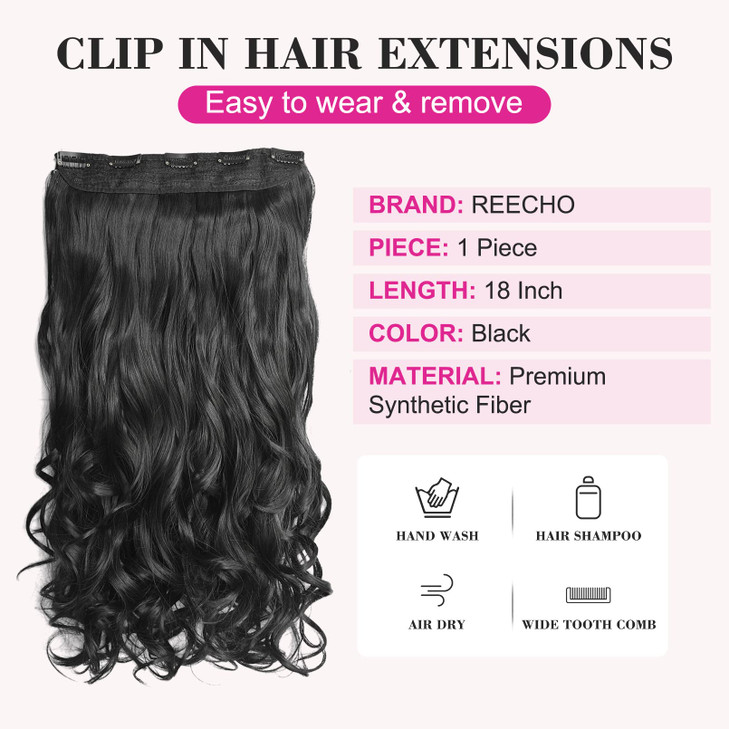REECHO 18" 1-Pack 3/4 Full Head Curly Wavy Clips in on Synthetic Hair Extensions HE008 Hairpieces for Women 5 Clips 4.0 Oz per Piece - Natural Black