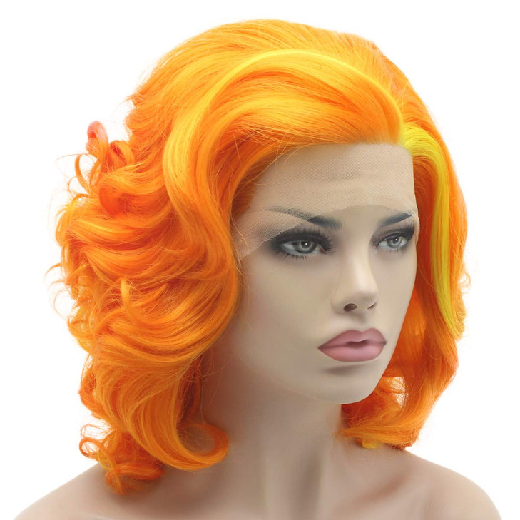 Lushy Short 10inch Two Tone Orange Gloden Mix Wig Heavy Density Realistic Synthetic Lace Front Wig
