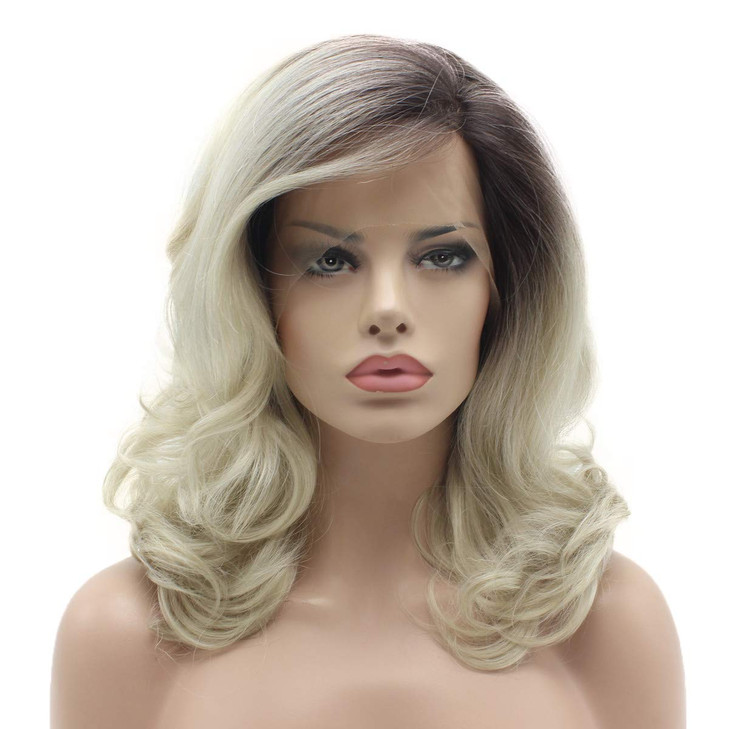 Lushy Hair 16inch Wavy Dark Root Light Blonde Ombre Heat Resistant Heavy Density Realistic Synthetic Lace Front Stylish Wigs