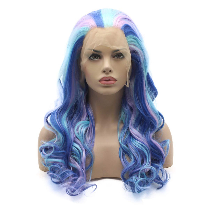 Lushy Long 24inch Wavy Three Tone Mix Blue and Purple and Pink Wig Heavy Density Heat Resistant Realistic Synthetic Lace Front Wigs