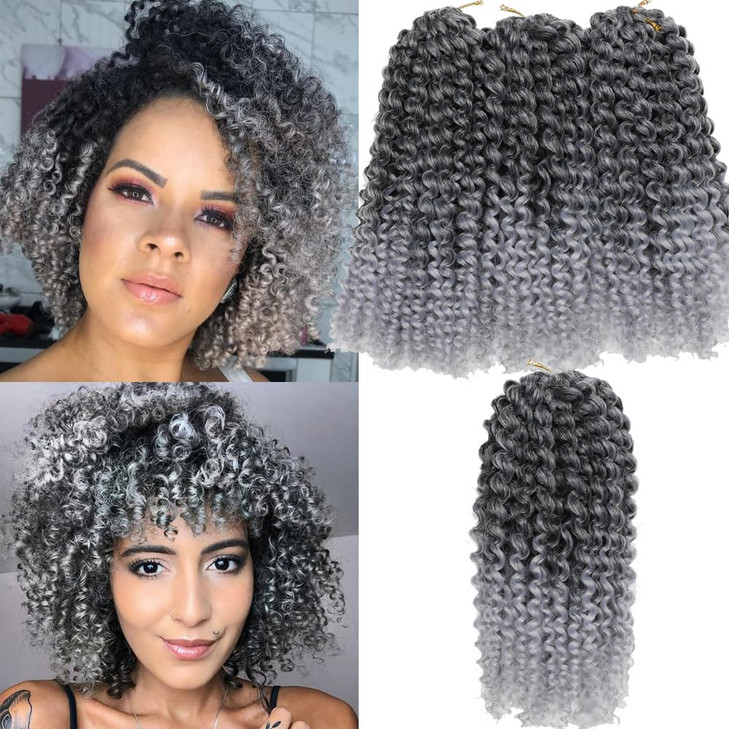 Sharopul Kinky Curl Short Hair Style 8Inch Afro Kinky Twist Hair 3little pcs silver gray color Soft Synthetic Crochet Braiding Hair Extention (1B/GRE