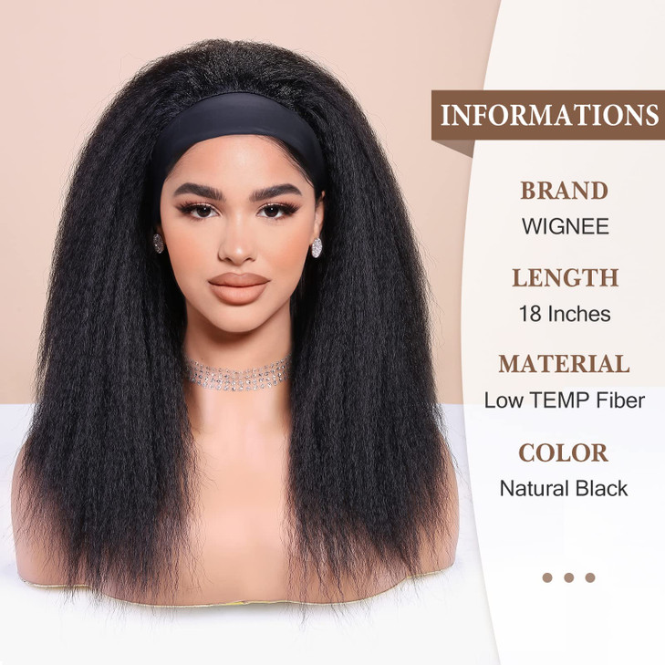 WIGNEE 18 Inches Kinky Straight Headband Wig for Women Yaki Straight Wigs with Black Headband Kinky Afro Wigs For Black Women (1B, 18 Inch)