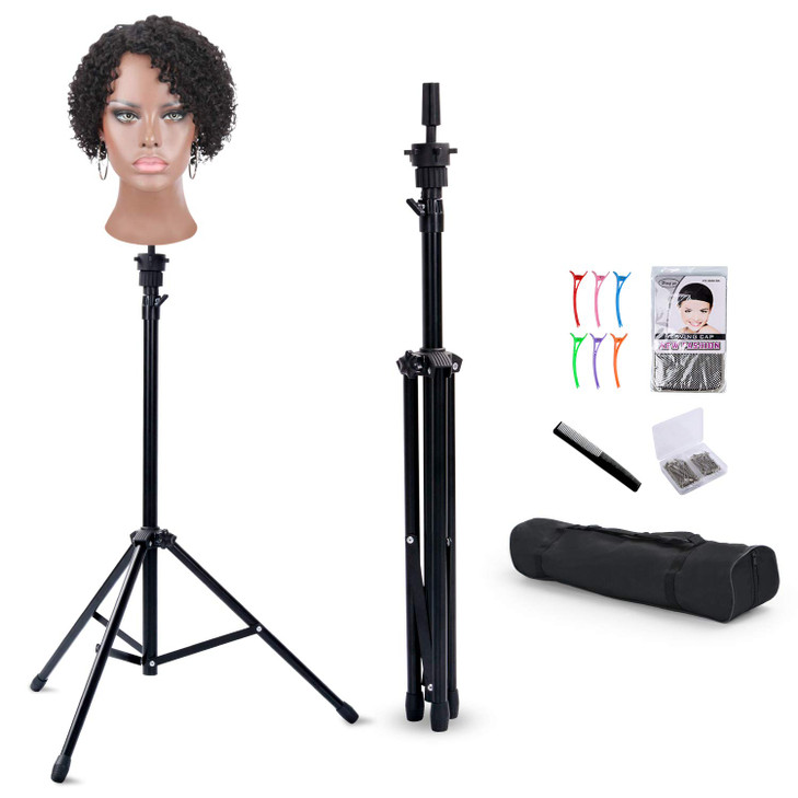 Klvied Reinforced Wig Stand Tripod Mannequin Head Stand, Adjustable Holder for Cosmetology Hairdressing Training with T-with Caps, T-Pins, Comb, Hair