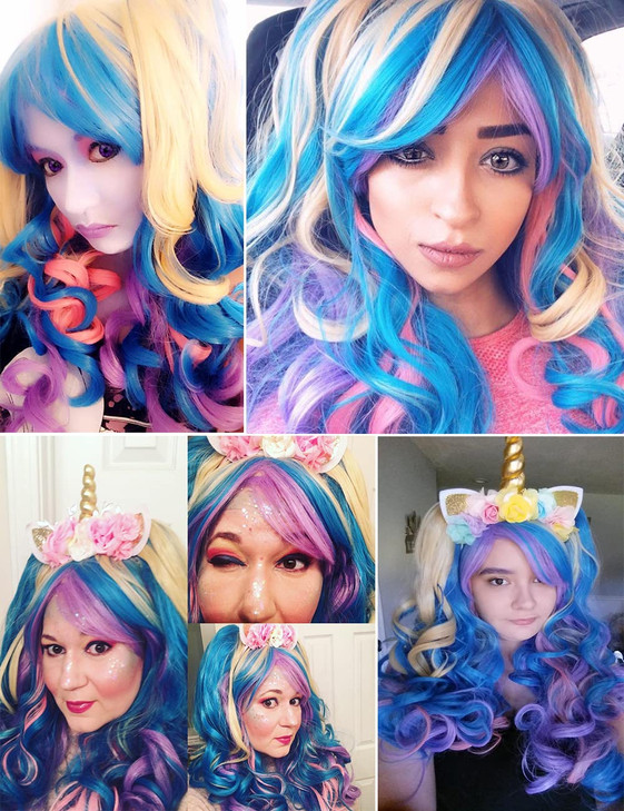 ColorGround Long Curly Cosplay Wig with 2 Ponytails(Pink/Blue/Blonde)