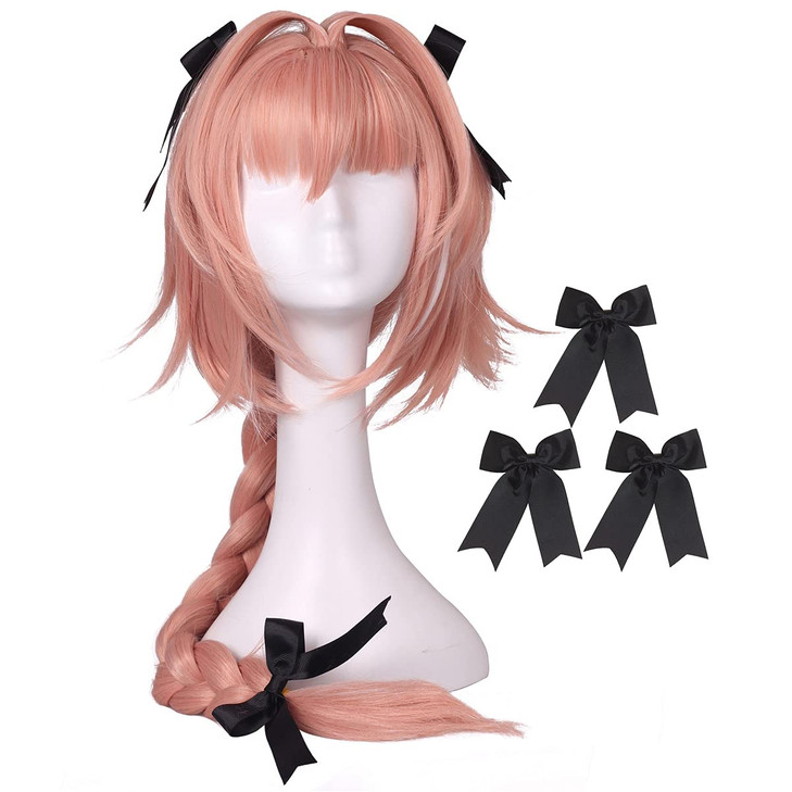 ColorGround Long Braided Prestyled Pink with White Cosplay Wig and 3 Black Bowknot