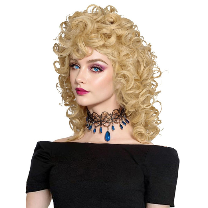 ColorGround Medium Long Curly Blonde 80S Rocker Wig for Women