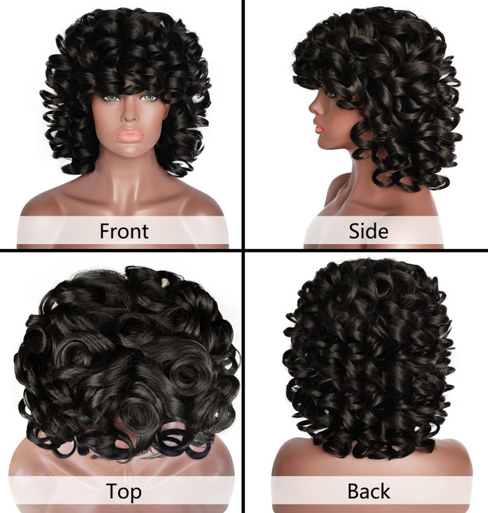 ELIM Curly Wigs for Black Women Short Kinky Curly Black Wigs for Women Big Curly Afro Soft Wig with Bangs Heat Resistant Natural Cute Synthetic Wig w
