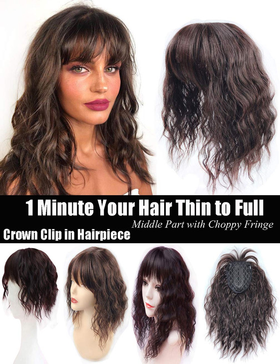 LesafeV Water Wavy Hair Forehead Piece Clip in Middle Part Topper with Choppy Fringe Thick/35cm, Black