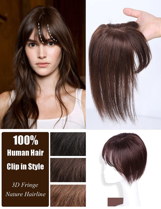 Middle Part Silk Part Base Human Hair Topper 7x10cm Crown Straight Clip in Hairpiece with Wispy Fringe 20cm Dark Reddish Brown