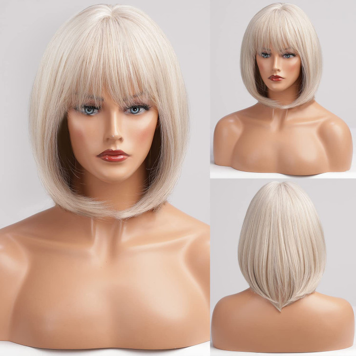 HAIRCUBE 12 Inch Blonde to White Bob Wigs with Bangs Ombre to Blonde Hair Synthetic Heat Resistant for Women