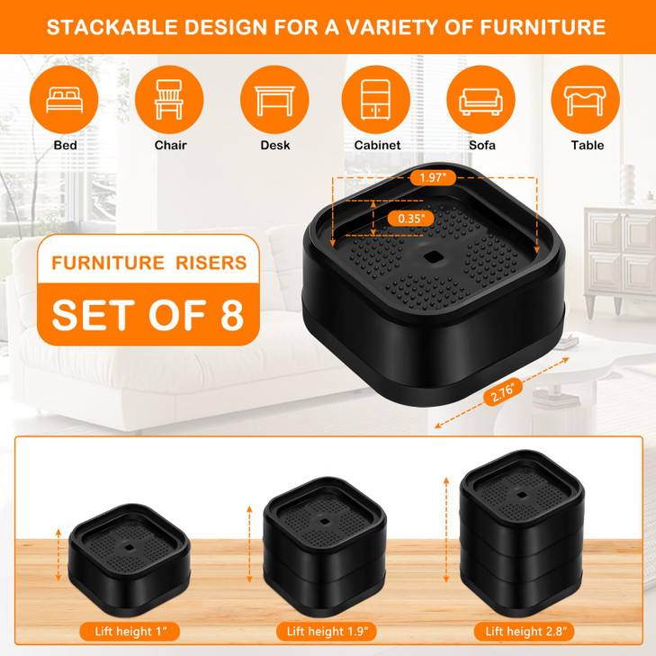 shouwuhho 8 Pack Furniture Risers Adjustable Bed Risers Heavy Duty Lifts Height 1", Square Stackable Bed Risers 1, 2 or 3 Inch for Desk Leg Table Cou
