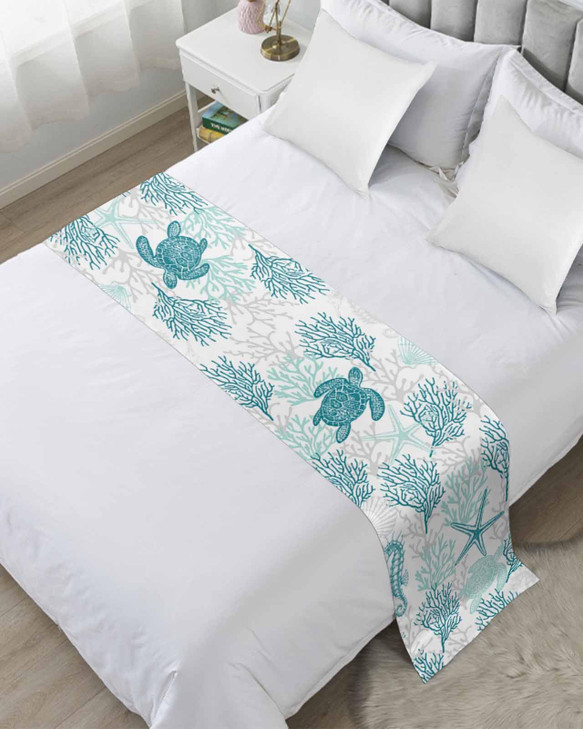 Turquoise Coastal Bed Runner for Full/Queen Size Bed, Bedspread Protector Slipcover Bed Scarf for Foot Bed Runners & Scarves for Bedroom Hotel Weddin