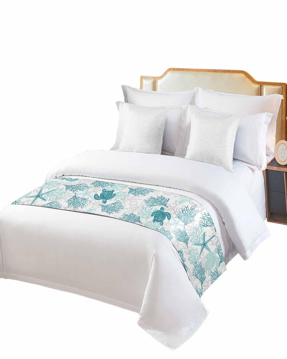 Turquoise Coastal Bed Runner for Full/Queen Size Bed, Bedspread Protector Slipcover Bed Scarf for Foot Bed Runners & Scarves for Bedroom Hotel Weddin