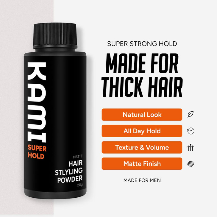 Kami Hair Texture Powder for Men - Strong Hold & Volume Powder - Texturizing Hair Product for Mens Styling, Matte Finish, All-Day Hold for Thick Hai