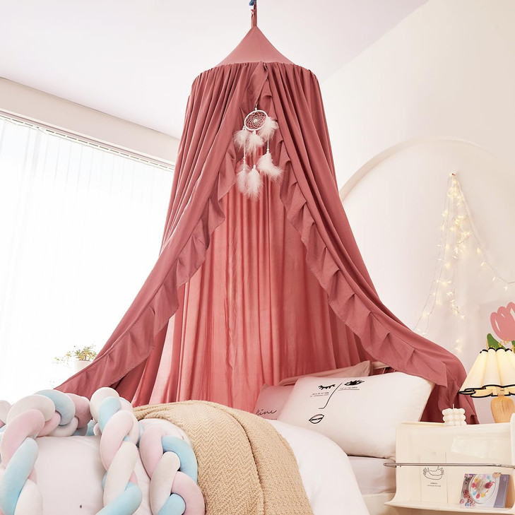 Mengersi Bed Canopy for Girls,Ruffled Canopy Bed Curtains Canopy for Girls Room,Hanging Canopy Princess Play Tent for Reading Nook Play Room Decor (J