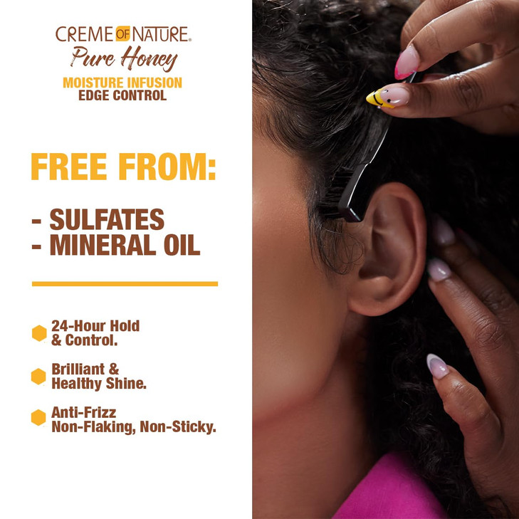 Creme of Nature Pure Honey Moisture Infusion Edge Control, 24-Hour Hold for Sleek Styles, Non-Flaking, Non-Greasy Formula with Coconut Oil & Shea But