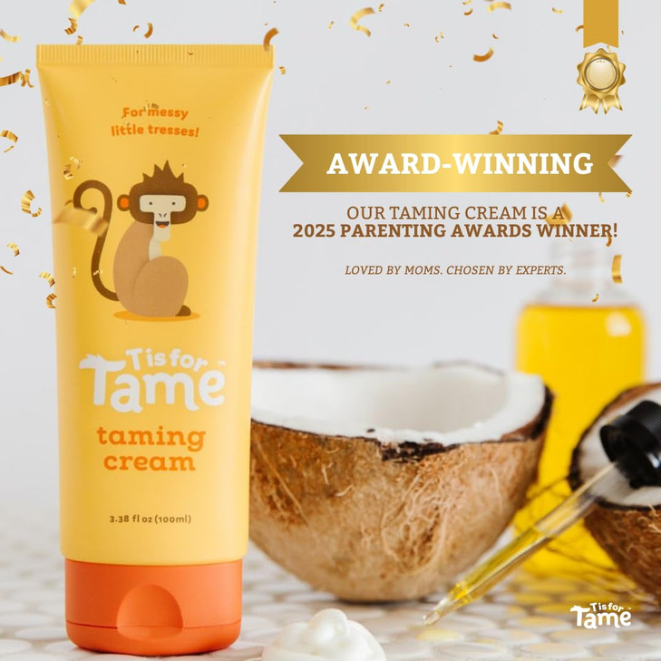 T is for Tame - All-Natural Hair Taming Cream for Kids - Frizz & Flyaway Control - Coconut Oil & Jojoba Leave-In, Safe for Babies & Toddlers, Non-Gre