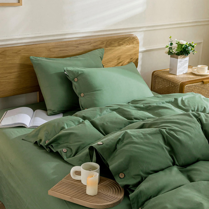 JELLYMONI Cotton Duvet Cover Queen Size - Green Comforter Cover with Button 100% Washed Cotton 3PCS Breathable Soft Solid Bedding Set Duvet Cover 90×