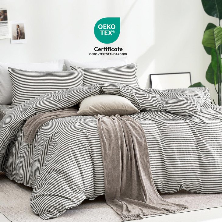 JELLYMONI 100% Natural Cotton 3pcs Striped Duvet Cover Sets,White Duvet Cover with Grey Stripes Pattern Printed Comforter Cover,with Zipper Closure &