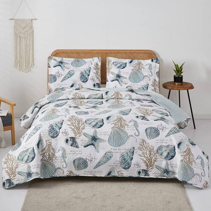 3 Pieces Beach Shell Bedspread King Size Ocean Theme Seashell Conch Summer Quilt Lightweight Thin Reversible Conch Shell Hippocampus Starfish Coral P