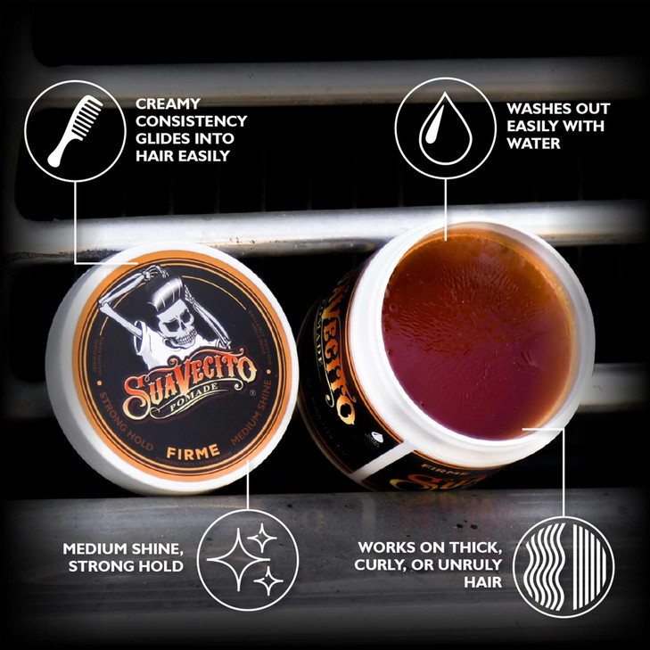 Suavecito Pomade Firme Hold 4 oz, 2 Pack - Strong Hold Hair Pomade For Men - Medium Shine Water Based Flake Free Hair Gel - Easy To Wash Out - All Da