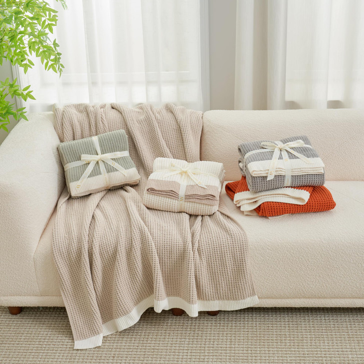 Amélie Home Waffle Throw Blanket for Couch, Soft Cozy Chenille Knit Blanket Warm Decorative Throw for Sofa, 50"x60", Beige