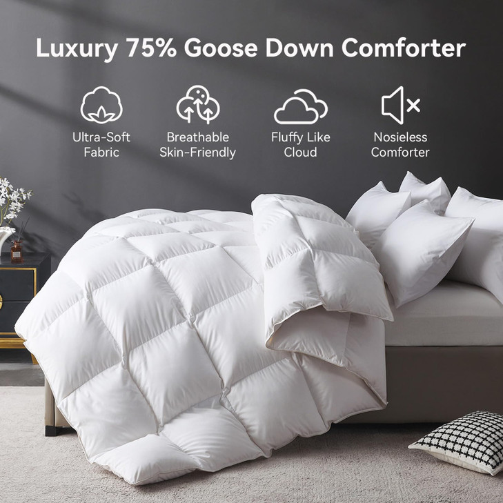 L LOVSOUL Goose Down Fiber Comforter King Size, High Fill Power Hotel Style Bedding Comforter, Fluffy Ultra Soft All Season White Duvet Insert with 8