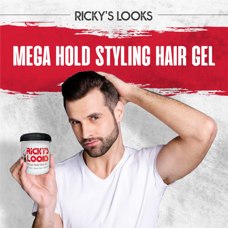 Ricky's Looks Mega Hold Styling Hair Gel for Curly, Frizzy, Straight, Wavy & Fine Hair - Flake Free, Strong Hold and Shine - For All Hair Types - Men