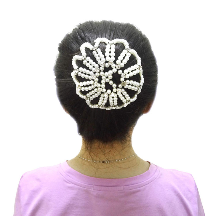 "Honbay Hair Bun Cover Elastic Handmade Crochet Hair Net Snood with Pearls and Rhinestones for Ballet, Dance, Skating, etc (White)"