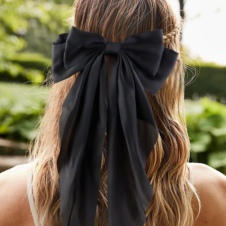 Satin Hair Accessories Set: Silky Bows, Ribbons, Hair Ties, Large Barrettes, Cute Clips with Long Tail for Women and Girls (White, Beige, Black)