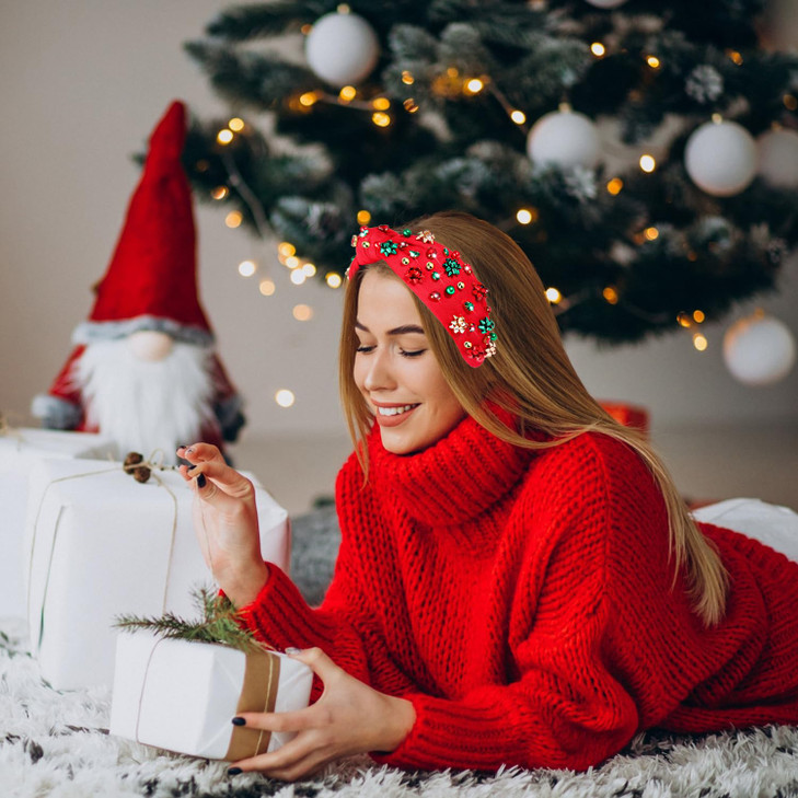 NVENF Jeweled Plaid Headband with Embellished Crystals and Pearls - Knotted Wide Top Knot Hair Accessory for Women, Holiday Outfits & Gifts
