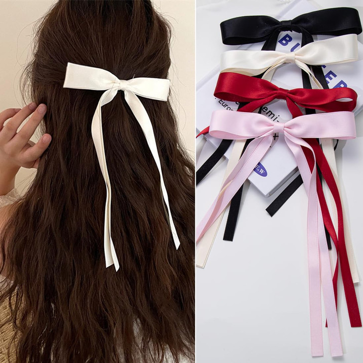 4 PCS Bowknot Hair Clips with Long Tails - Ribbon Barrettes and Bow Clips for Women in Black, Cream White, Pink, Wine Red