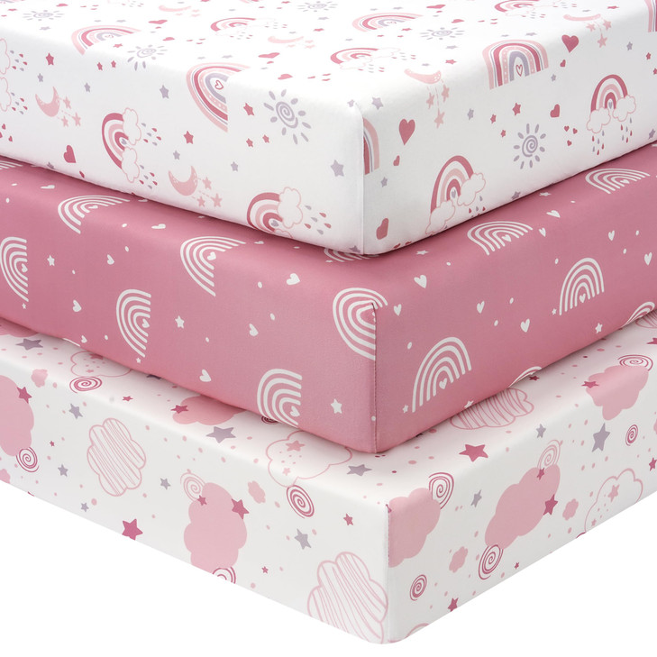 FIEMOL Baby Crib Sheets Girl, 3 Pack Toddler Bed Sheets Fitted for 52x28 Standard Crib and Toddler Mattresses, Super Soft Microfiber Pink Rainbow
