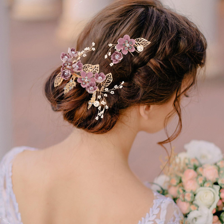 Wedding Flower Hair Accessories for Women, 4pcs Bridal Hair Pieces for Wedding - Bridal Headpiece Clip Comb with Flower & Rhinestone for Brides Bride