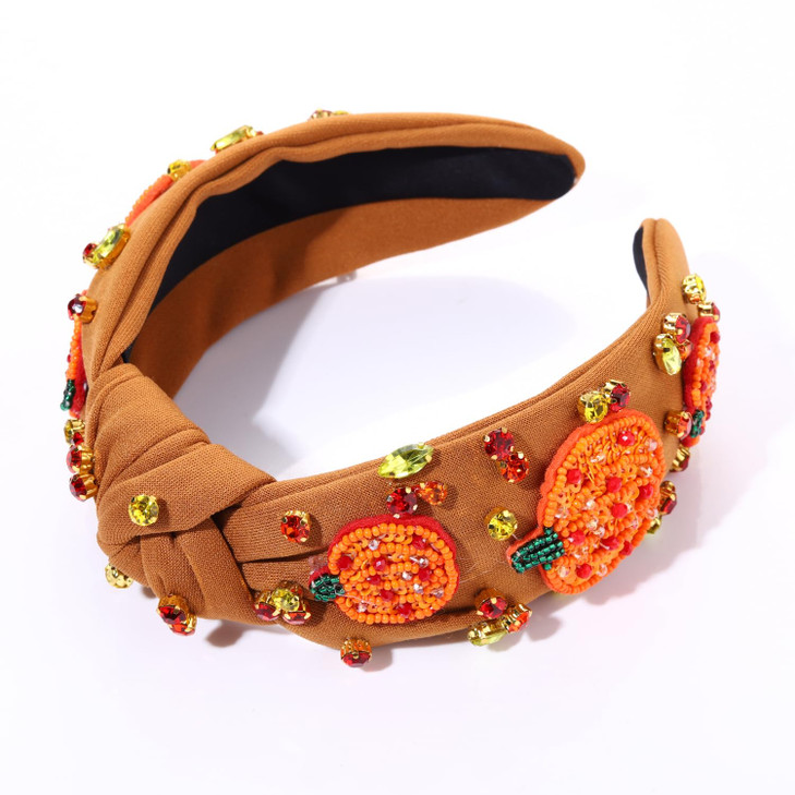 NVENF Thanksgiving Headband for Women Beaded Turkey Fall Headband Accessories Jeweled Pearl Rhinestone Knotted Hairband Autumn Fall Thanksgiving Hair