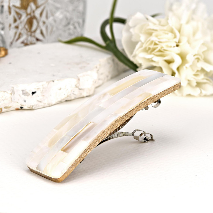 AeraVida Shimmering Iridescent Mosaic White Mother of Pearl Shell Hair Accessory | Flat Wood Clip for Women
