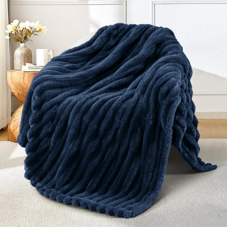 Exclusivo Mezcla Fleece Throw Blanket for Couch, Super Soft Striped Jacquard Bed Blanket, Lightweight Fuzzy Cozy for All Seasons, 50x60 Inches, Navy