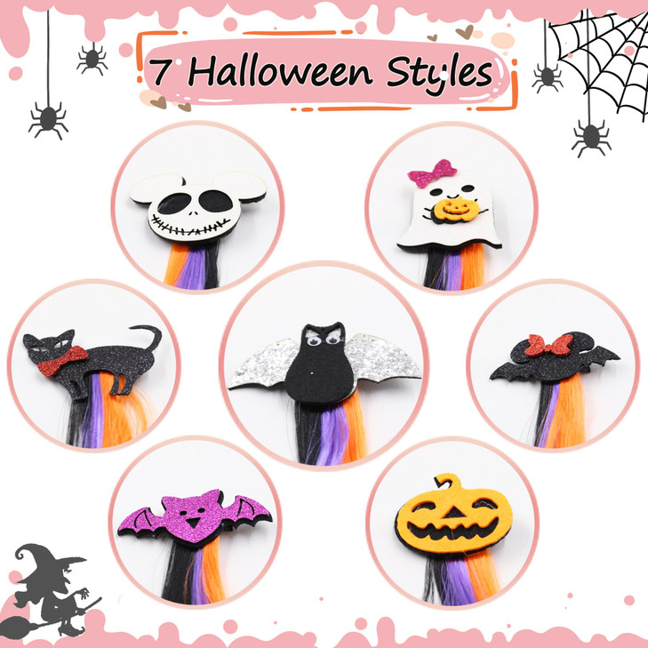 VCEOW 7 Pcs Halloween Hair Clips for Girls Straight Glitter Hair Accessories Cute Hair Extensions for Dress Up Supplies