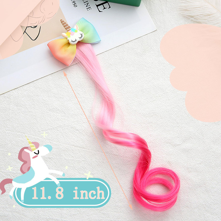VCEOW 6 Pcs Colored Unicorn Hair Clips for Girls Cute Rainbow Hair Bows Ombre Color Curly Hair Extensions Princess Dress Up Hair Accessories Birthday