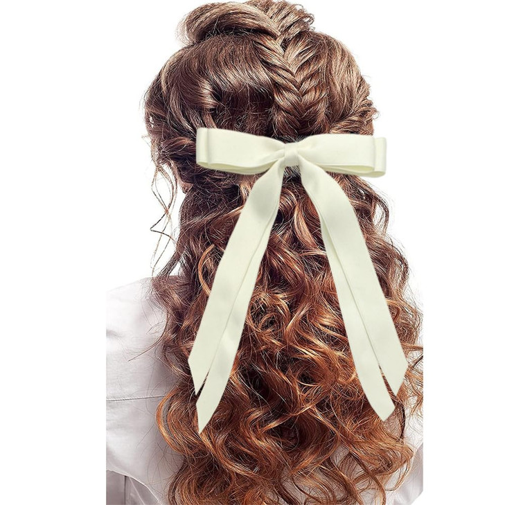 SALOCY Hair Bows Clip, 2 PCS Satin Hair Ribbons for Women with Long Tassel, Big Ribbon Bows for Hair Design (Pink+Beige)